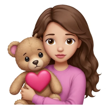 girl with long wavy brown hair, brown eyes, light to medium complexion, in a pink shirt, pink lips, long lashes, sad, hugging a teddy bear with a  heart sticker