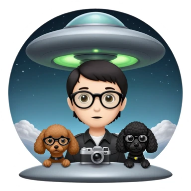 A little boy with straight black medium-length hair, white skin, and black eyes wearing black-framed glasses is taking photos on a UFO with a camera. Beside him, there is an alien and a brown round-headed poodle. sticker