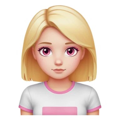 A girl with blonde hair that is light pink at the bottom and black at the other half and orange at the bottom, dark pink eyes, pink cheeks, and wearing a tight white T-shirt sticker