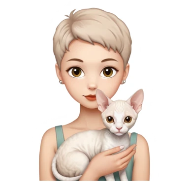 A handsome girl with short hair is holding a white Devon rex sticker