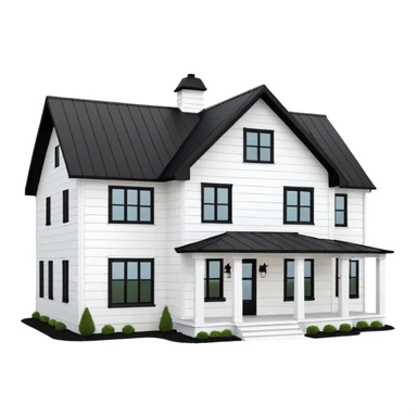 modern farmhouse with white siding, black roof and black trim, exterior view, 3d sticker