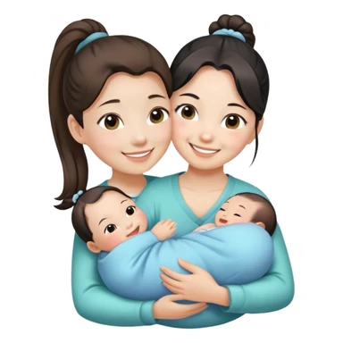Ponytail chinese girl hugs a newborn baby and a girl sticker