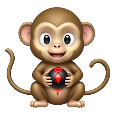 Baby monkey smiling while presenting you a black spherical object that has a fuse sticker