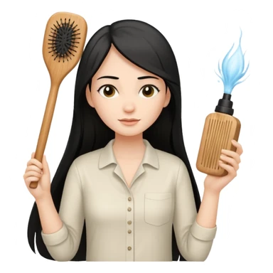 A white woman with long, straight black hair, wearing an ivory-colored shirt, holding a small square wooden paddle hairbrush in her left hand and spraying a hair mist bottle with her right hand toward her hair. sticker