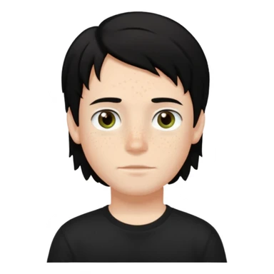 A boy with dark black hair and hazel green and brown eyes and white skin , with freckles and black t shirt with middle part hair hair with a center part sticker