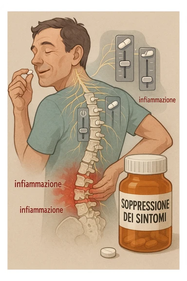 Man taking pain medication for chronic back pain, pills shown as dimmer switches turning down pain signals in transparent nervous system overlay, underlying spinal damage remaining completely untreated and worsening, expression of temporary relief masking progressive deterioration, medication bottle labeled 'symptom suppression' not 'cure', root cause inflammation continuing to spread in italiano sticker