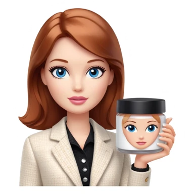 A Barbie girl with blue eyes, shoulder-length reddish-brown hair with makeup, wearing a white tweed jacket and a black skirt, holds pale beige body moisturizer cream pot sticker