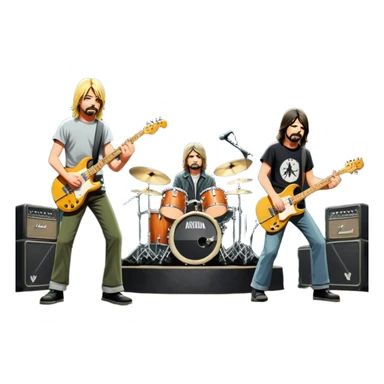 Icon for Rock Music: Nirvana performing on stage with Kurt Cobain on guitar and vocals, Krist Novoselic on bass, and Dave Grohl on drums. A grunge-inspired vibe with dynamic stage lighting and musical energy. Transparent background. sticker