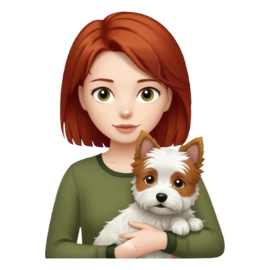 Westhighland white terrier dog being held by woman with dark shoulder length red hair and hazel eye wearing olive green top sticker