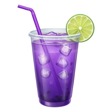 purple cocktail with a lime in a plastic cup with lid and straw sticker