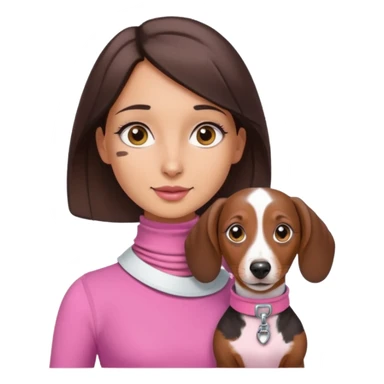 a brunette girl, olive skin, hazel eyes, pink top, neck brace on her neck, piebald dachshund next to her sticker