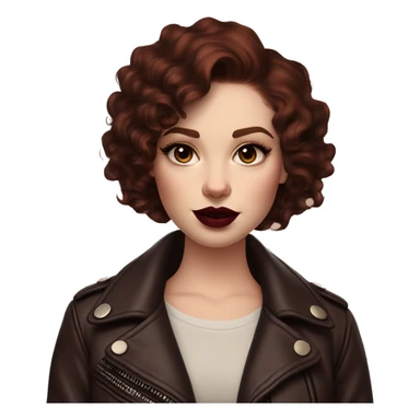 Girl with very pale skin, mahogany curly short hair with a side part, heavy cat-eye makeup, long eyelashes, dark maroon blush and lipstick.  Her eyebrows are dark, arched and very high.  Hazel eyes. Big lips. Thin. Wearing a leather jacket  sticker