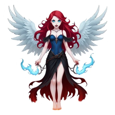 full body portrait of an extremely diabolical girl with pale white skin, massive towering wings, very long flowing blood red hair, glowing blue eyes, evil grin, no accessories, standing in thick swirling dark red and black smoke that rises up from the ground, heavy smoke effect at her feet sticker