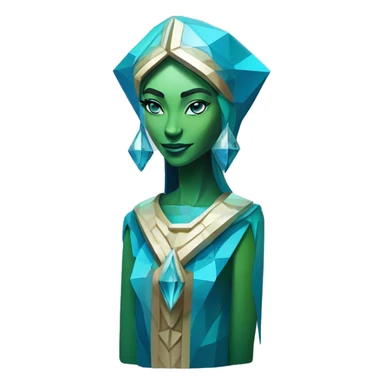 Sculpture oracle priestess with a geometric faceted design with disney features. Oracle of delphi is sparkling and standing upright on a base with angular and flower features. The vibrant blues neutrals and greens highlights the sharp edges and planes.  sticker