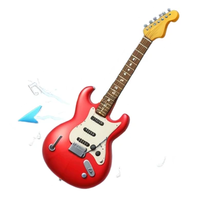 A 3D Apple-style emoji of a bold “ROCK” text written in shiny metallic letters, with an electric guitar leaning on the text, surrounded by small music notes and lightning bolts, energetic and powerful rock music vibe sticker