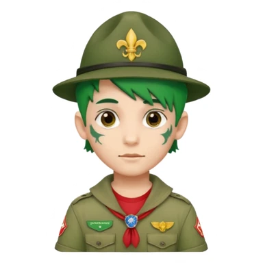 scout boy face tatooes green haired, wearing red uniform with hat sticker