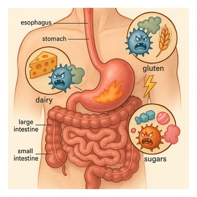 Anatomical illustration: human torso section focusing on stomach and intestines. Inside, stylized parasites react aggressively to dairy, gluten, and sugars (foods highlighted). The parasites release symbolic toxins like colored gas and lightning bolts. Medical illustrative style. sticker