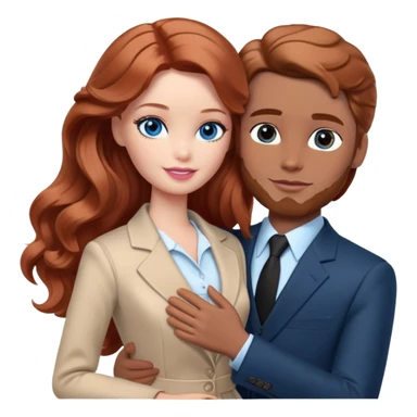 Barbie girl  , eyes blue , Chestnut red long wavy hair In pale beige clothes, Hugs a man with light brown hair Short hair , brown eyes , and a black suit sticker