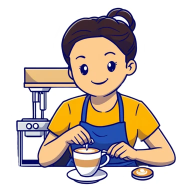 Cute brunette barista girl with hair in a bun wearing yellow shirt and dark blue apron, she's relaxed and making latte art, smiling at the coffee cup sticker