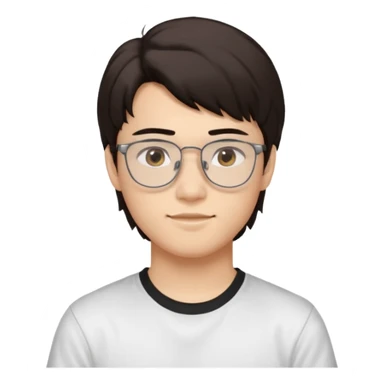 iOS-style emoji
Young man, about 18 years old, with slightly masculine features.
 Slightly Asian eyes, light skin tone, friendly and expressive face.
Accessories and details: Glasses, very dark brown hair, mullet style (short, structured).
Background and clothes: White background and white t-shirt. sticker