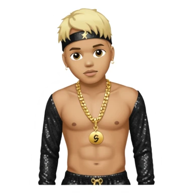 Chris Brown with blonde hair, black sequin baggy pants, shirtless with necklace sticker