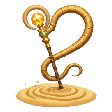 desert sand mage staff object icon, ancient staff with serpent coils around it, glowing golden sand gem on top, swirling sand aura, fantasy desert weapon, 3D cartoon, mobile game icon style, centered, clean background, no text, no watermark
 sticker