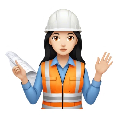 Female civil engineer with long black hair wearing white helmet and an orange safety vest looking at big drawing plan on her hand  sticker