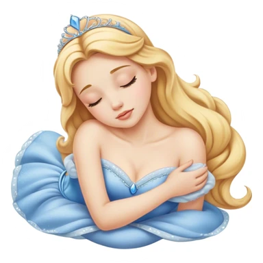 Cinematic Realistic Sleeping Cinderella Portrait, portrayed with exceptional realism: her luminous porcelain skin and exquisitely detailed golden-blonde hair lie softly under the gentle caress of natural light. Her eyes are peacefully closed in a serene, dreamlike slumber, and every fold and shimmer of her iconic ball gown is rendered with painstaking detail. The overall composition radiates a quiet, enchanting glow that encapsulates the timeless, restful beauty of a princess lost in a gentle, magical dream. sticker