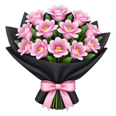 Create a baby pink and dark pink flowers bouquet with black wrap paper and with white bow sticker