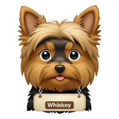 A Yorkie dog with a name tag that says "whiskey" sticker