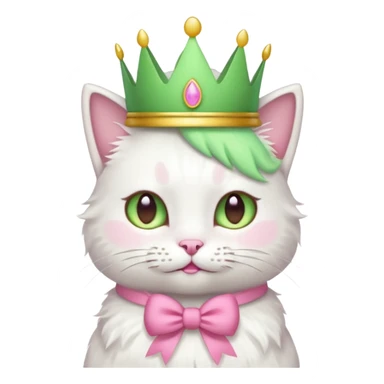 white cat with pink bow and light green crown, emoji style sticker