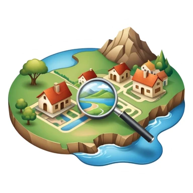 An icon featuring a magnifying glass over a local map, with a small village, traditional house, and natural landmarks like a river and hill, symbolizing local history and geography. Transparent background highlights the study of native land, culture, and heritage. sticker