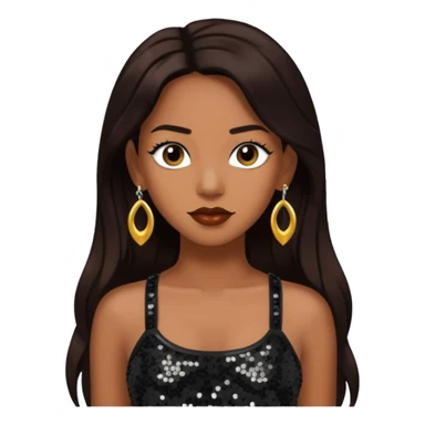 Chilli from TLC with long dark brown hair, black sequin crop top, black earring sticker