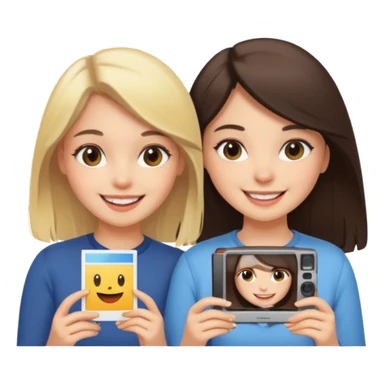 a brunette girl and a blonde girl smiling in polaroid picture sticker