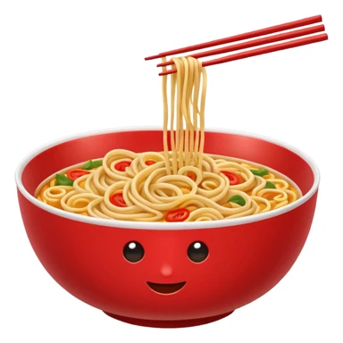 Chinese cuisine humanless avatar in bright emoji-style illustration. Noodles bowl, red and gold colors, simple shapes, flat design, bold and energetic. sticker