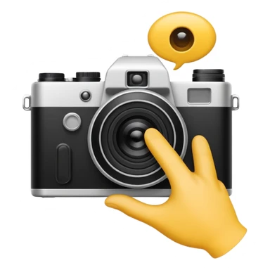 Minimalist emoji-style sticker of a photo camera ejecting a photo, but a hand comes out instead. Black and white, surreal icon. sticker