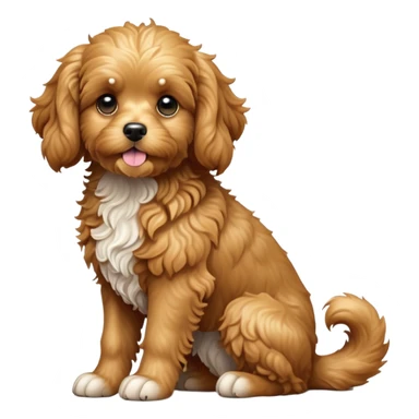 cinematic-[cavoodle dog]-realistic-full-body-sitting-emoji,-tail-resting-loosely-beside-its-paws,-head-tilted-dramatically,-very curly-[solid golden]-fur,-simplified-yet-realistic-focused-features,-highly-detailed,-glowing-with-an-almost-sarcastic-glow sticker