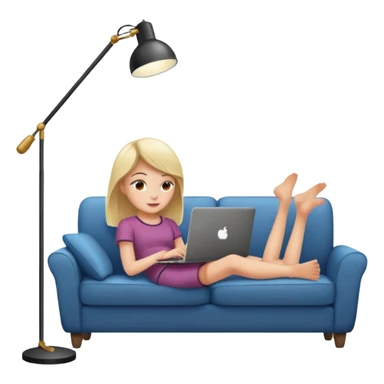 A girl is working with a laptop while lying on a sofa, with a floor lamp to the right. sticker