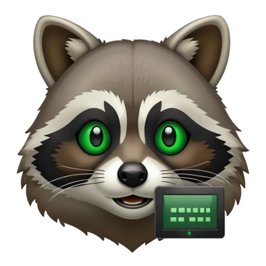 Raccoon face with black computer terminal window in background. The terminal window displays code in green and black. sticker