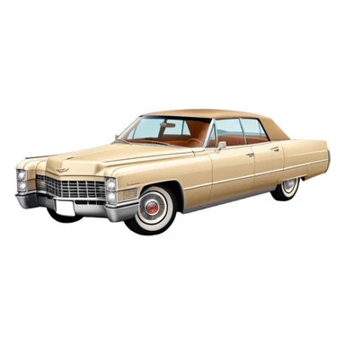 Classic beige 1966 Cadillac DeVille at perfect 30-degree angle, showing detailed front end and sleek side profile, elegant vintage luxury car from Once Upon a Hollywood, iOS emoji style sticker