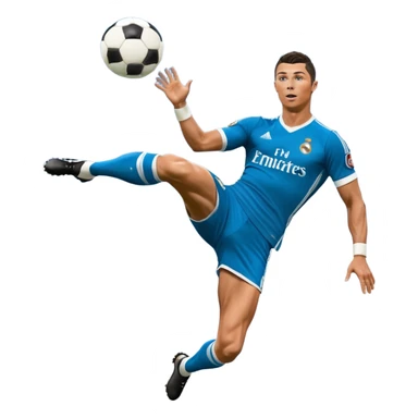 Ronaldo doing a bicycle kick with football in mid air While wearing a Retro blue Real madrid kit and yes i want it to be exactly the same as he Scored it in 2018 vs Juventus  sticker