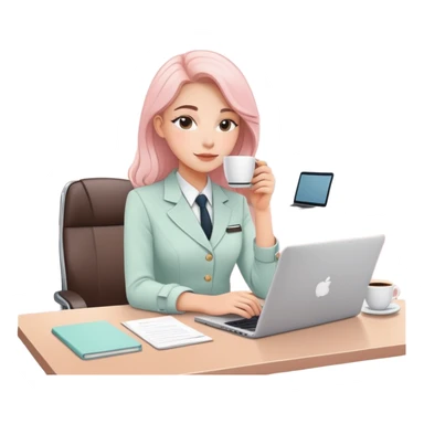 professional woman with a badge sitting at a modern desk, open laptop, coffee cup, pastel office interior, line art style, soft colors sticker