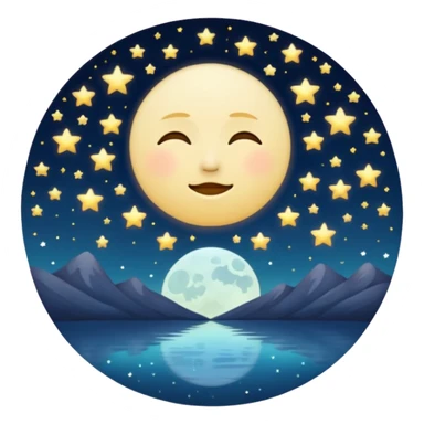 "Design a calming circle emoji for evening reflection. Soft moonlight, gentle stars, peaceful or spiritual symbols. No people - emphasize tranquil colors, night sky elements, and serene spiritual imagery." sticker