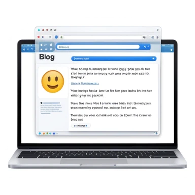 Create an emoji representing blogging as a form of content creation. The design should feature a laptop or desktop computer with an open blog page on the screen, showing visible text and perhaps a photo or graphic. Make the background transparent. sticker