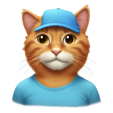tan-red cat wearing a light-blue t-shirt and a blue base cap taps musical keyboard sticker