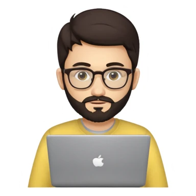 23 year old Azerbaijani man with very dark brown hair and beard with glasses and laptop , light yellow skin face sticker