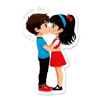 Boy with brown hair and girl with black hair and bangs, kissing sticker