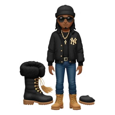 African American man with shoulder length black dreadlocks with black bead wearing black sunglasses with wearing denim skinny jeans wearing black bubble winter coat wearing black New York Yankees baseball hat and wheat timberland boots with arms folded sticker