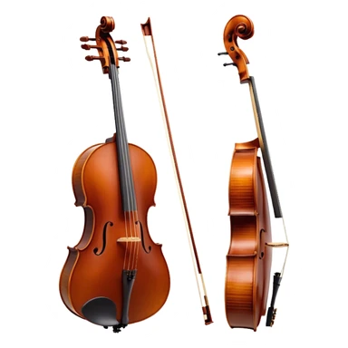 Create an elegant and refined emoji representing a Cremona 4/3F 4/4 cello with bow. The design should feature the distinctive, finely crafted body of the cello, highlighting its rich wooden finish and gracefully curved shape. The bow should be included, with visible horsehair and a polished wooden stick. Add subtle details like tuning pegs and strings to emphasize the precision and craftsmanship of the instrument. Use warm wood tones, deep brown, and soft metallic accents to reflect the high quality of the Cremona cello. The background should be transparent. sticker