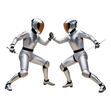 Two fencers in full protective gear duel on a professional piste, their foils clashing in mid-air. The background features a dynamic blur, symbolizing speed and precision. The scene is illuminated by bright arena lights, emphasizing the intensity of the match. Transparent background. sticker